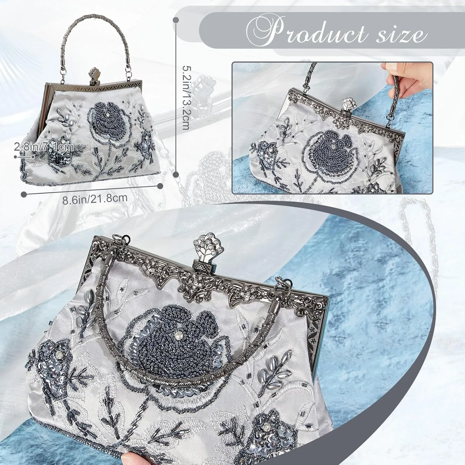 Women's Beaded Clutch Vintage Embroidery Evening Bag Sequin Rhinestone Clutch Purse Floral Crossbody Bag