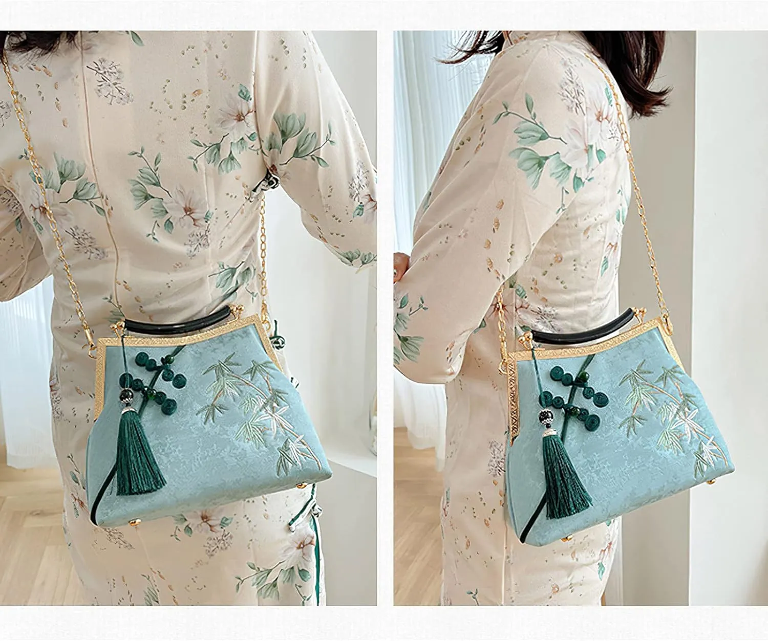 Women's Chinese Style Embroidered Purse Vintage Clutch Handbag with Tassel Pendant Hanfu Crossbody Bag