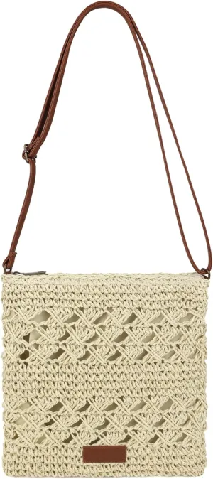 Womens Crochet Mesh Straw Beach Bag Woven Crossbody Shoulder Bag Summer Beach Vacation Purse