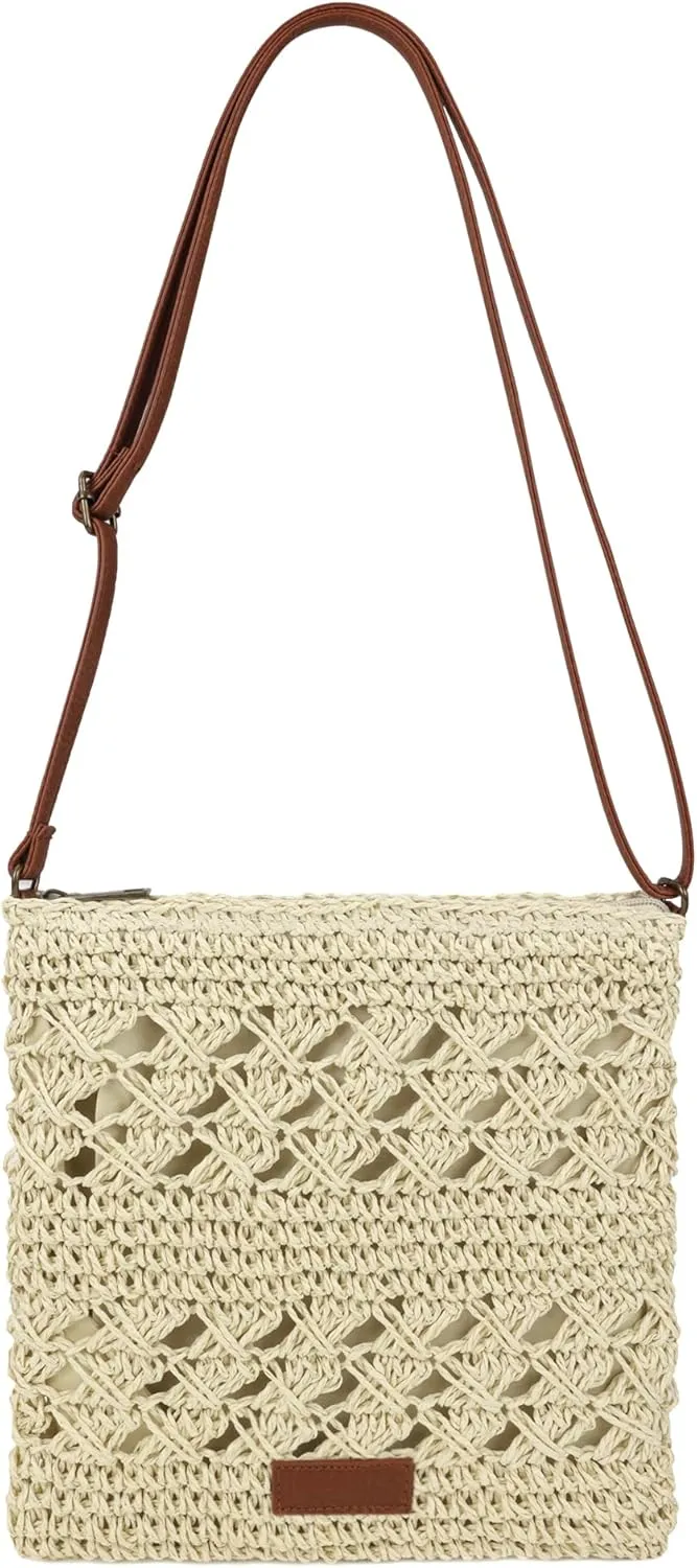 Womens Crochet Mesh Straw Beach Bag Woven Crossbody Shoulder Bag Summer Beach Vacation Purse
