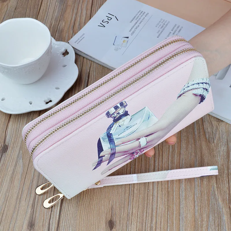 Women's Double Zipper Clutch Long Soft Leather Fashion Printing Purses