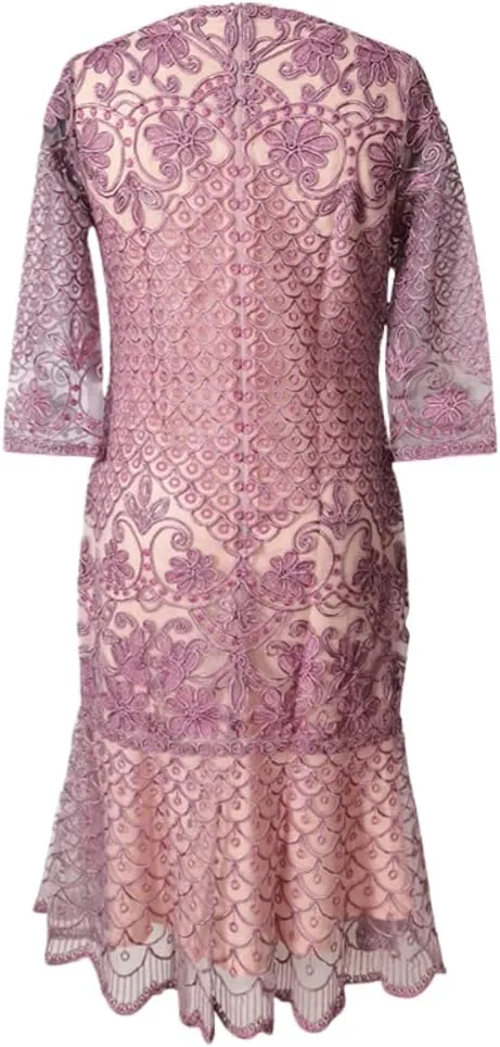 Womens Elegant Embroidered Floral Lace Midi Mermaid Dress 8924