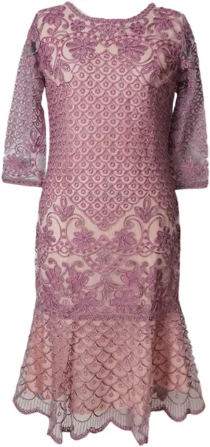 Womens Elegant Embroidered Floral Lace Midi Mermaid Dress 8924