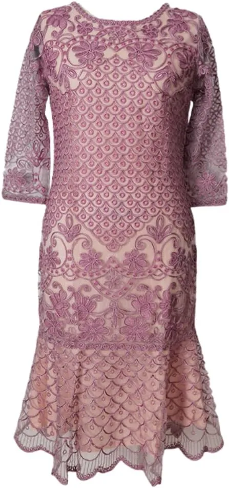 Womens Elegant Embroidered Floral Lace Midi Mermaid Dress 8924