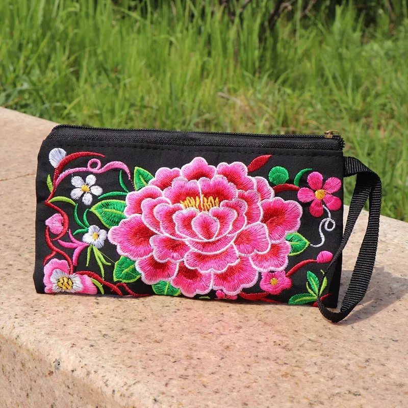Women's Ethnic Embroidery Clutch Fabric Long Change Coin Purses
