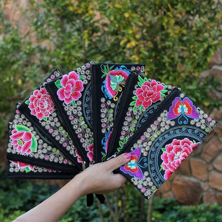 Women's Ethnic Embroidery Clutch Fabric Long Change Coin Purses