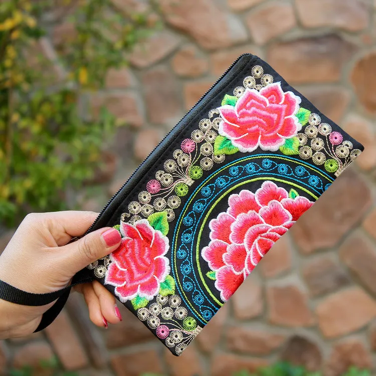 Women's Ethnic Embroidery Clutch Fabric Long Change Coin Purses
