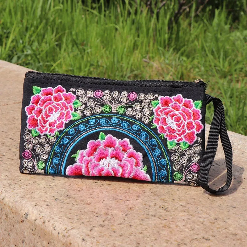 Women's Ethnic Embroidery Clutch Fabric Long Change Coin Purses