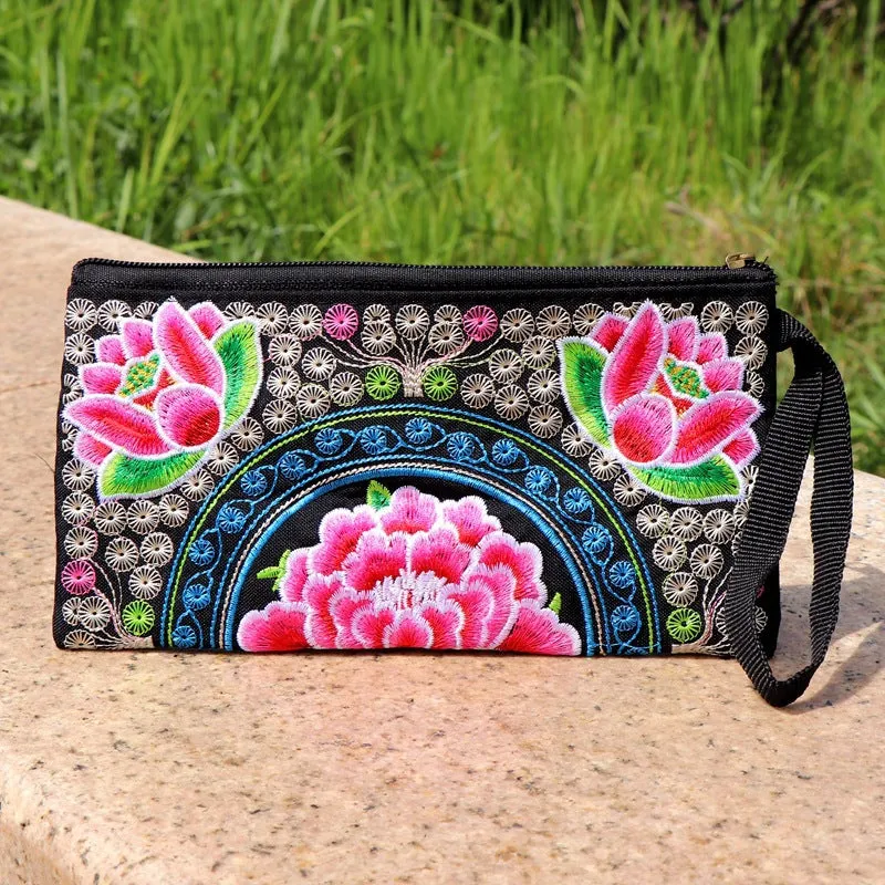 Women's Ethnic Embroidery Clutch Fabric Long Change Coin Purses