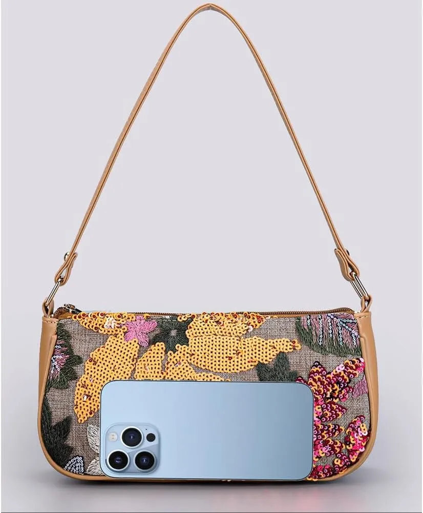 Women's Floral Embroidery Purse Sequin Beaded Shoulder Bag Summer Beach Party Purses Sparkly Underarm Bags