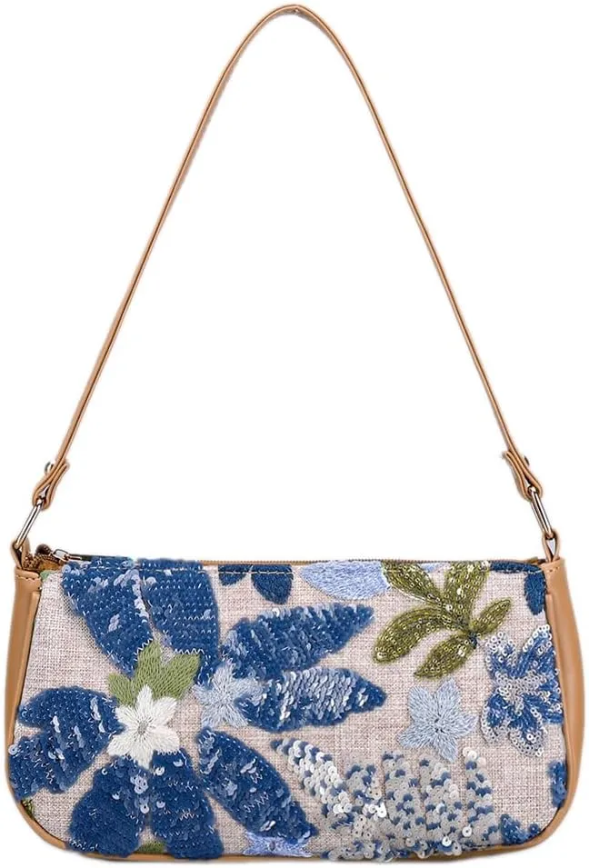 Women's Floral Embroidery Purse Sequin Beaded Shoulder Bag Summer Beach Party Purses Sparkly Underarm Bags