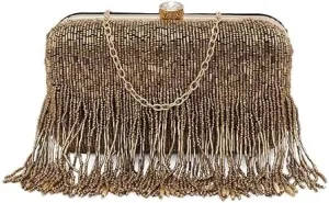 Women's Gold Fringes Beaded Hand Embroidered Party Bag, Wedding Box Clutch Frame Bag Purse with Chain Strap (SSFPLBOX069)