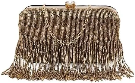Women's Gold Fringes Beaded Hand Embroidered Party Bag, Wedding Box Clutch Frame Bag Purse with Chain Strap (SSFPLBOX069)