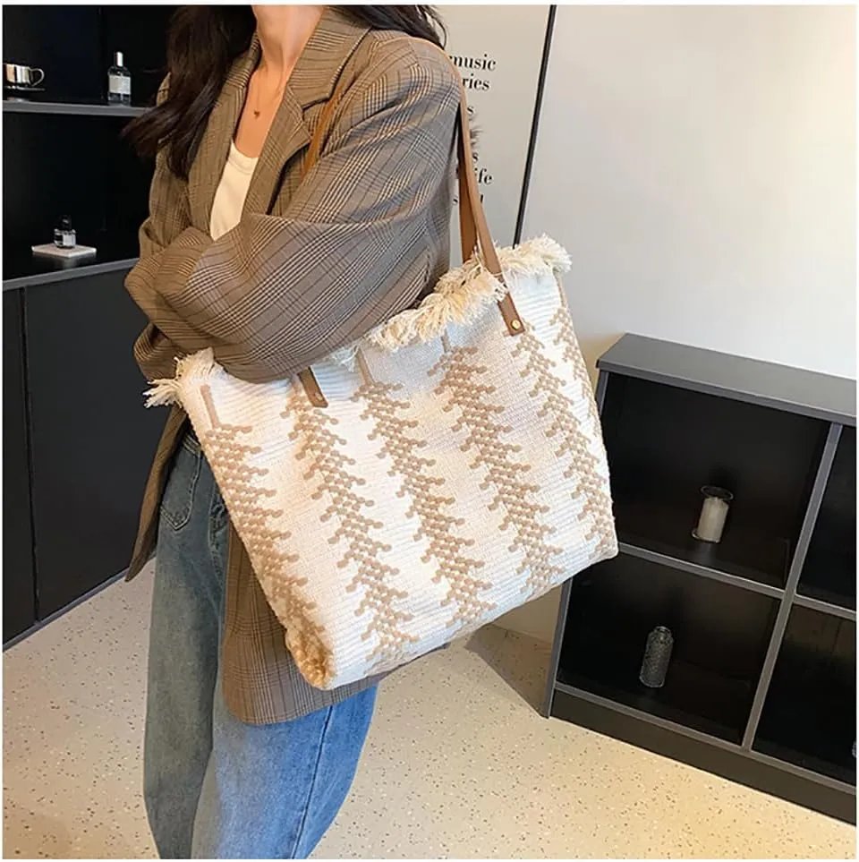 Womens Large Tote Handbag Cotton Linen Shoulder Bag Bohemian Tassel Hobo Bag for Shopping, Beach, Vacation