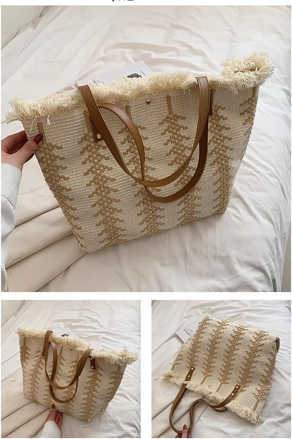 Womens Large Tote Handbag Cotton Linen Shoulder Bag Bohemian Tassel Hobo Bag for Shopping, Beach, Vacation