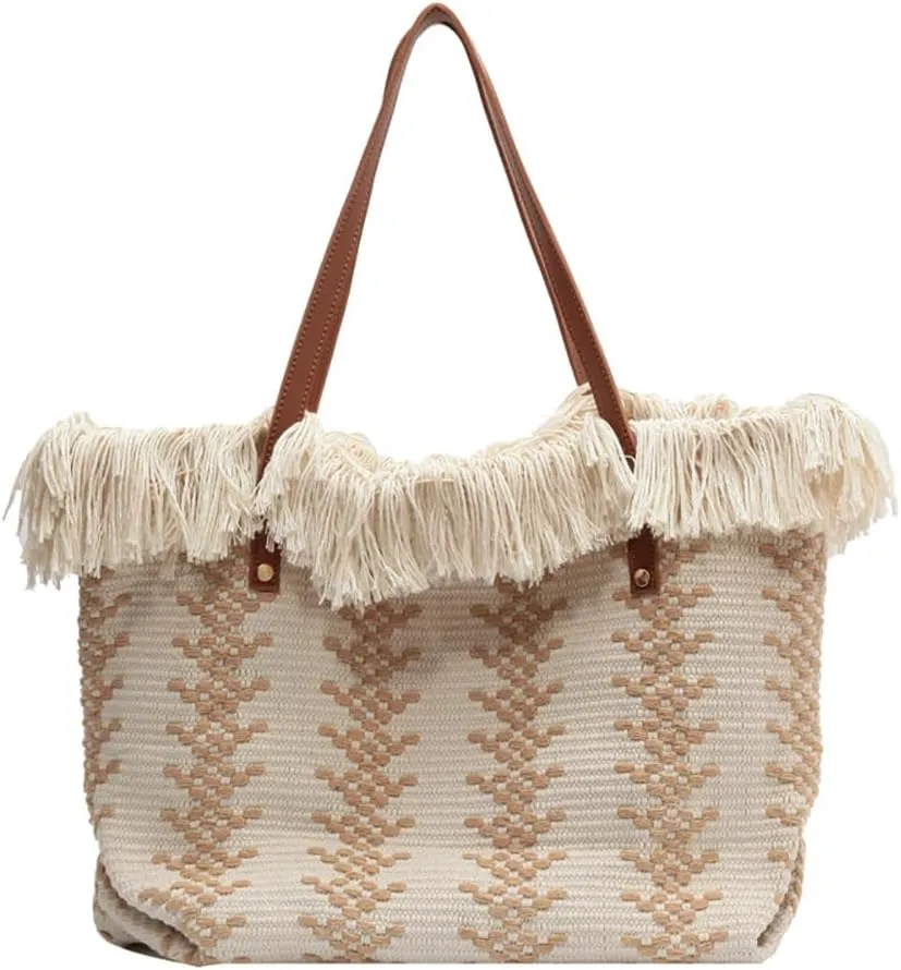 Womens Large Tote Handbag Cotton Linen Shoulder Bag Bohemian Tassel Hobo Bag for Shopping, Beach, Vacation