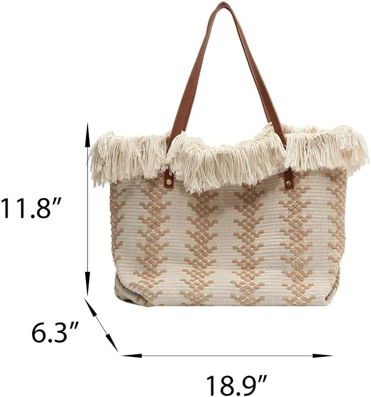 Womens Large Tote Handbag Cotton Linen Shoulder Bag Bohemian Tassel Hobo Bag for Shopping, Beach, Vacation