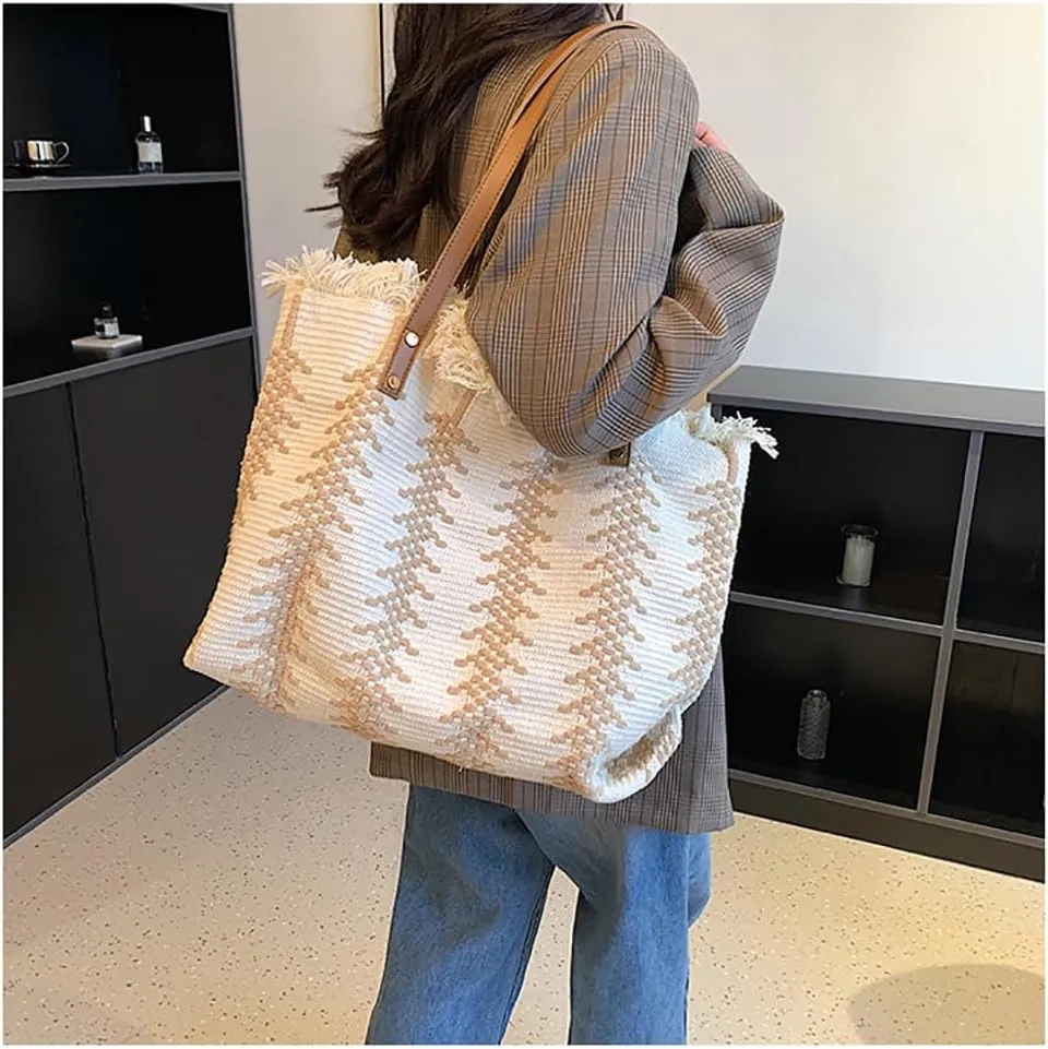 Womens Large Tote Handbag Cotton Linen Shoulder Bag Bohemian Tassel Hobo Bag for Shopping, Beach, Vacation