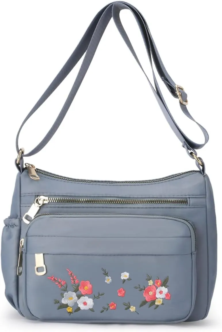 Womens Nylon Cloth Crossbody Phone Purse,Leisure Embroidered Floral Shoulder Handbag,Work Bag Travel Bag