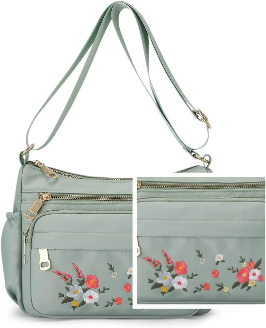 Womens Nylon Cloth Crossbody Phone Purse,Leisure Embroidered Floral Shoulder Handbag,Work Bag Travel Bag