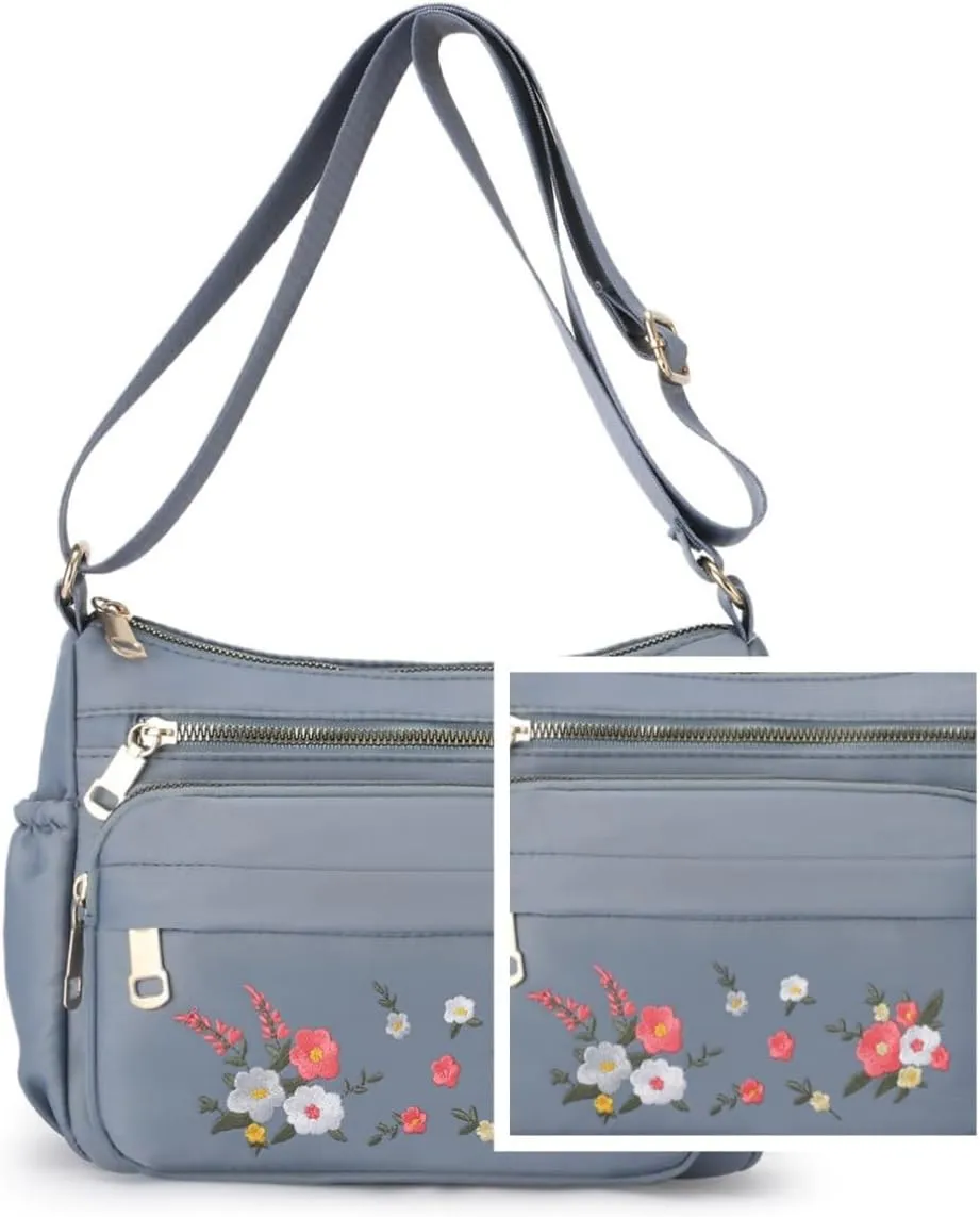Womens Nylon Cloth Crossbody Phone Purse,Leisure Embroidered Floral Shoulder Handbag,Work Bag Travel Bag