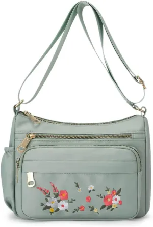 Womens Nylon Cloth Crossbody Phone Purse,Leisure Embroidered Floral Shoulder Handbag,Work Bag Travel Bag