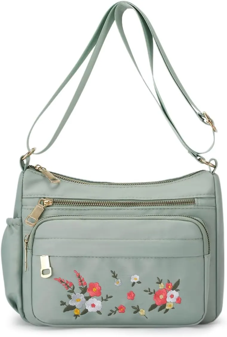 Womens Nylon Cloth Crossbody Phone Purse,Leisure Embroidered Floral Shoulder Handbag,Work Bag Travel Bag