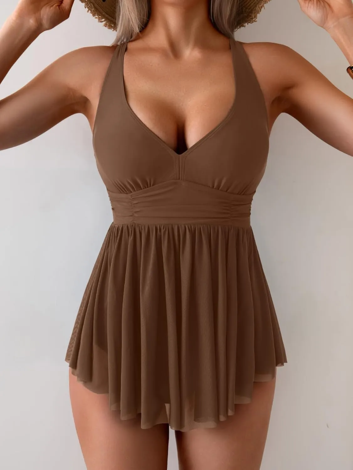 Women's One Piece Swim Dress Swimsuit Tummy Control Mesh Swimdress V Neck Bathing Suit Skirt Tie Back Swimwear