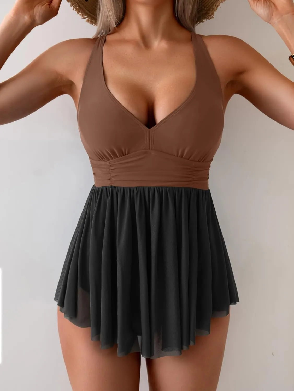 Women's One Piece Swim Dress Swimsuit Tummy Control Mesh Swimdress V Neck Bathing Suit Skirt Tie Back Swimwear