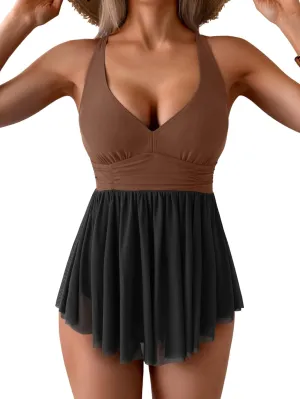 Women's One Piece Swim Dress Swimsuit Tummy Control Mesh Swimdress V Neck Bathing Suit Skirt Tie Back Swimwear