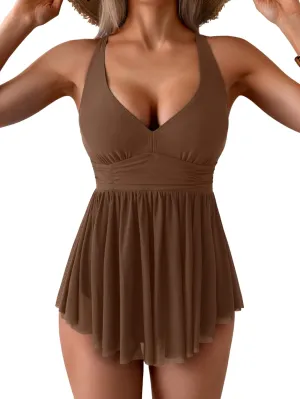 Women's One Piece Swim Dress Swimsuit Tummy Control Mesh Swimdress V Neck Bathing Suit Skirt Tie Back Swimwear