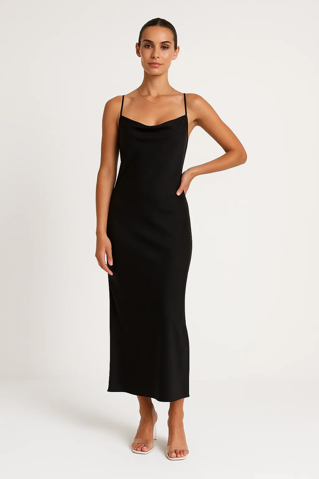 Women’s Satin Maxi Dress – Slim Fit – Cowl Neck – Spaghetti Straps – Evening Wear