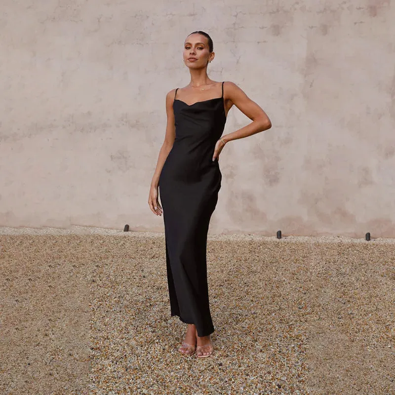 Women’s Satin Maxi Dress – Slim Fit – Cowl Neck – Spaghetti Straps – Evening Wear