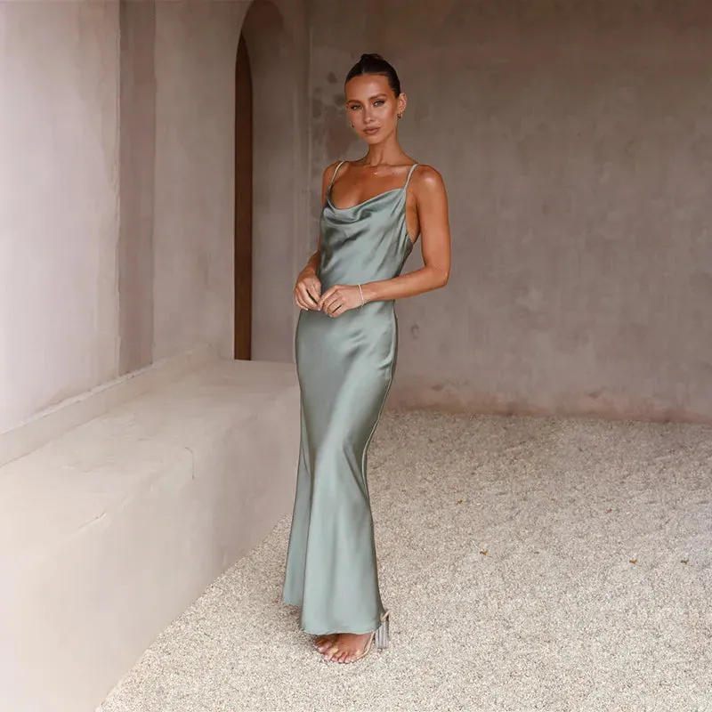 Women’s Satin Maxi Dress – Slim Fit – Cowl Neck – Spaghetti Straps – Evening Wear