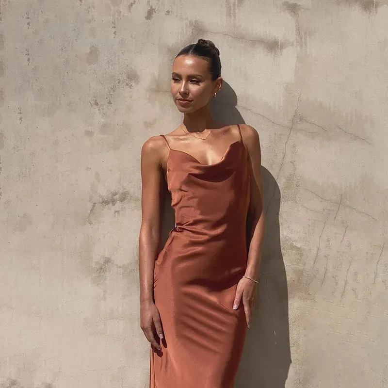 Women’s Satin Maxi Dress – Slim Fit – Cowl Neck – Spaghetti Straps – Evening Wear
