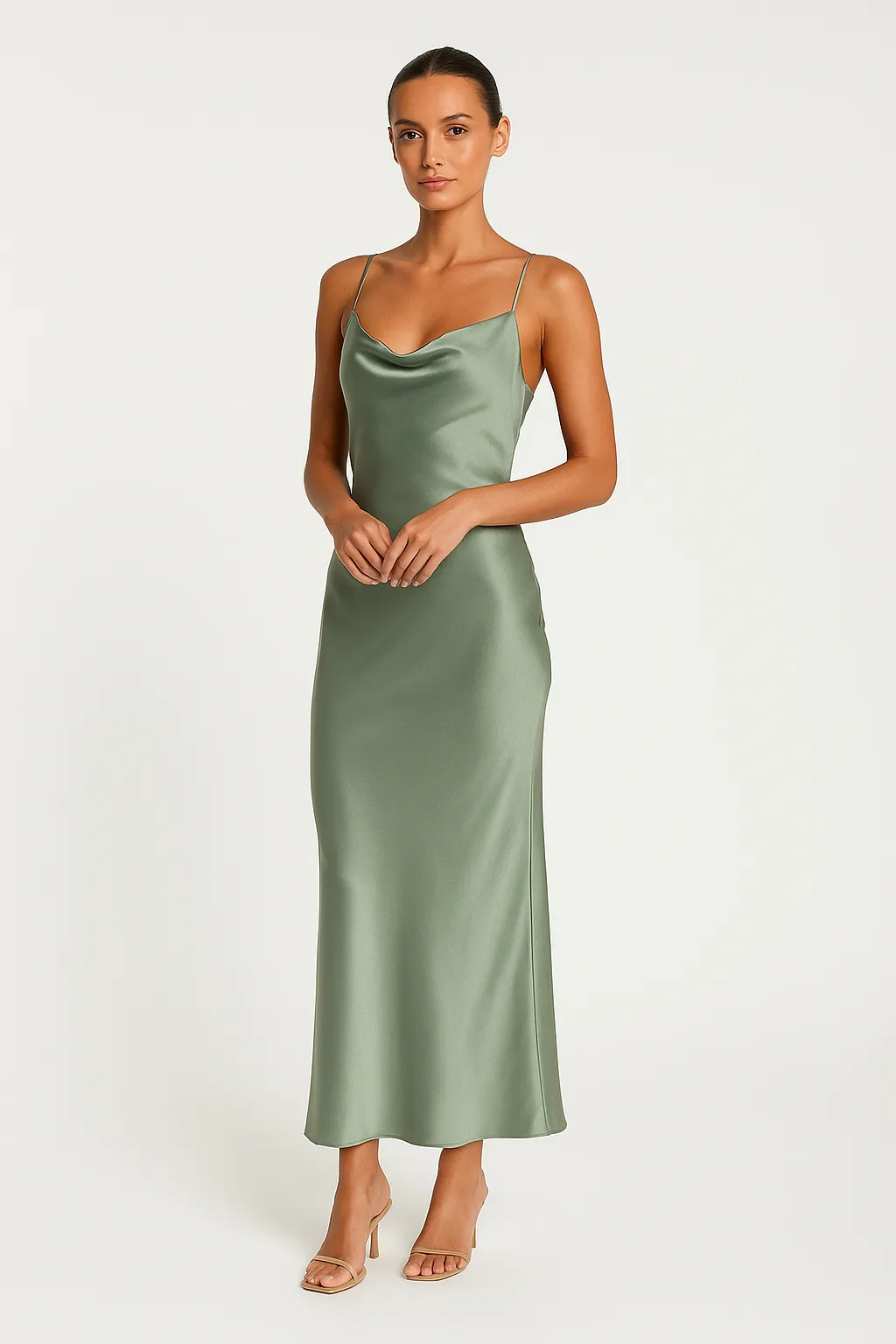 Women’s Satin Maxi Dress – Slim Fit – Cowl Neck – Spaghetti Straps – Evening Wear