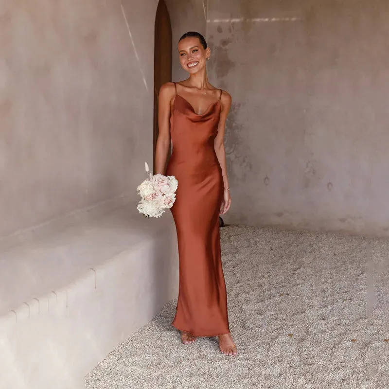 Women’s Satin Maxi Dress – Slim Fit – Cowl Neck – Spaghetti Straps – Evening Wear