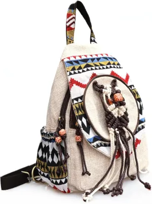 Women's small backpack, Fashionable canvas casual women's mini backpack, Hand-woven three-dimensional literary mini hippie bohemian cute double-er bag