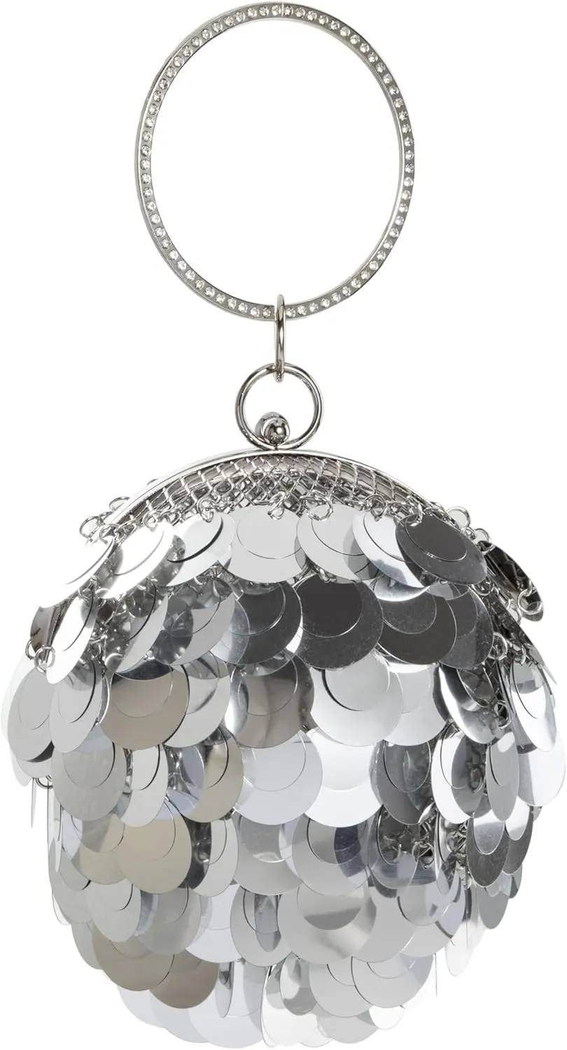 Women's Sparkling Sequin Sphere Clutch | Alloy Frame with Rhinestone Inlaid Handle | Evening Handbag