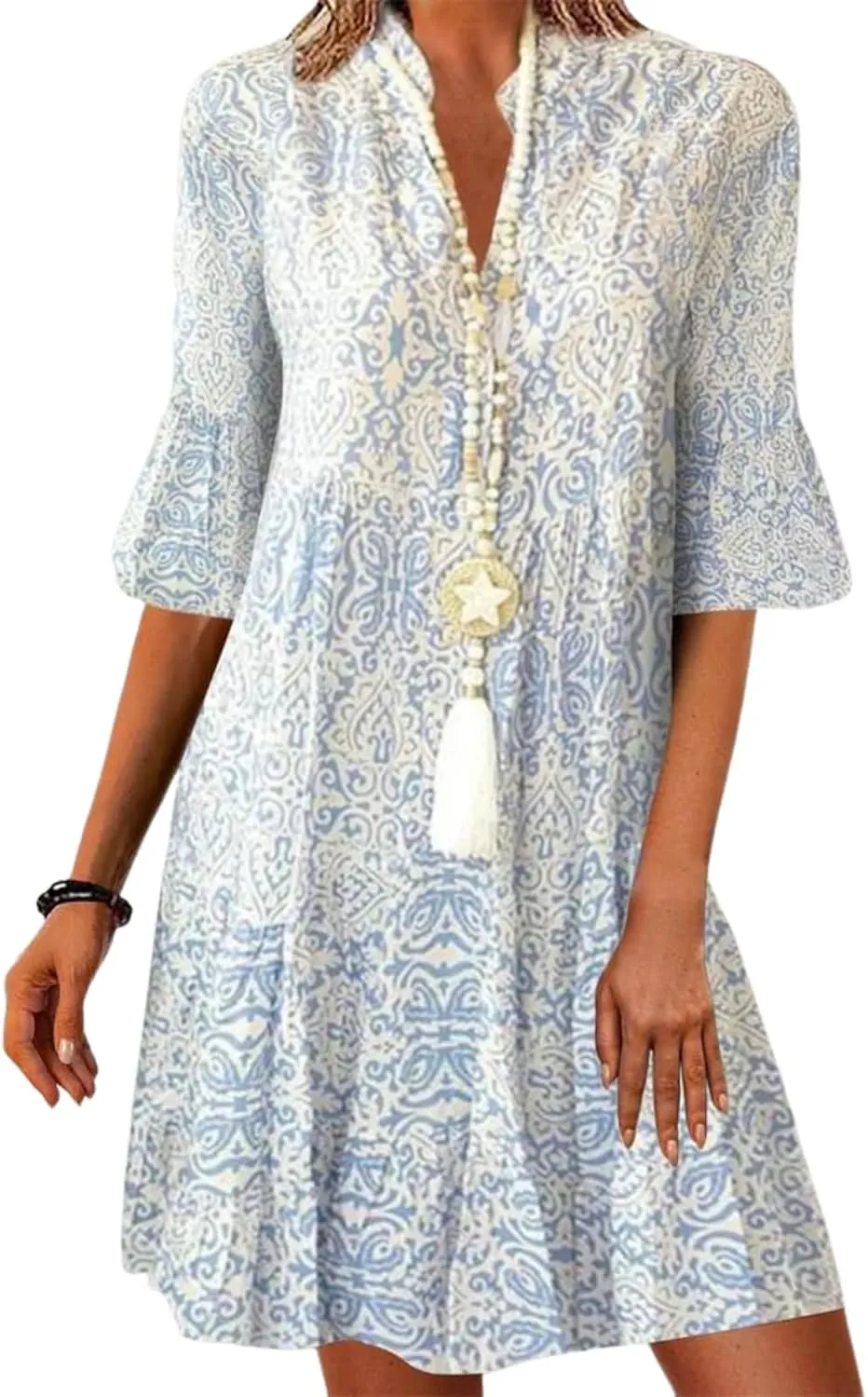 Womens Spring Summer Printed Button Down Dress Loose A-Line V Neck Half Bell Sleeve Casual Mini Dresses