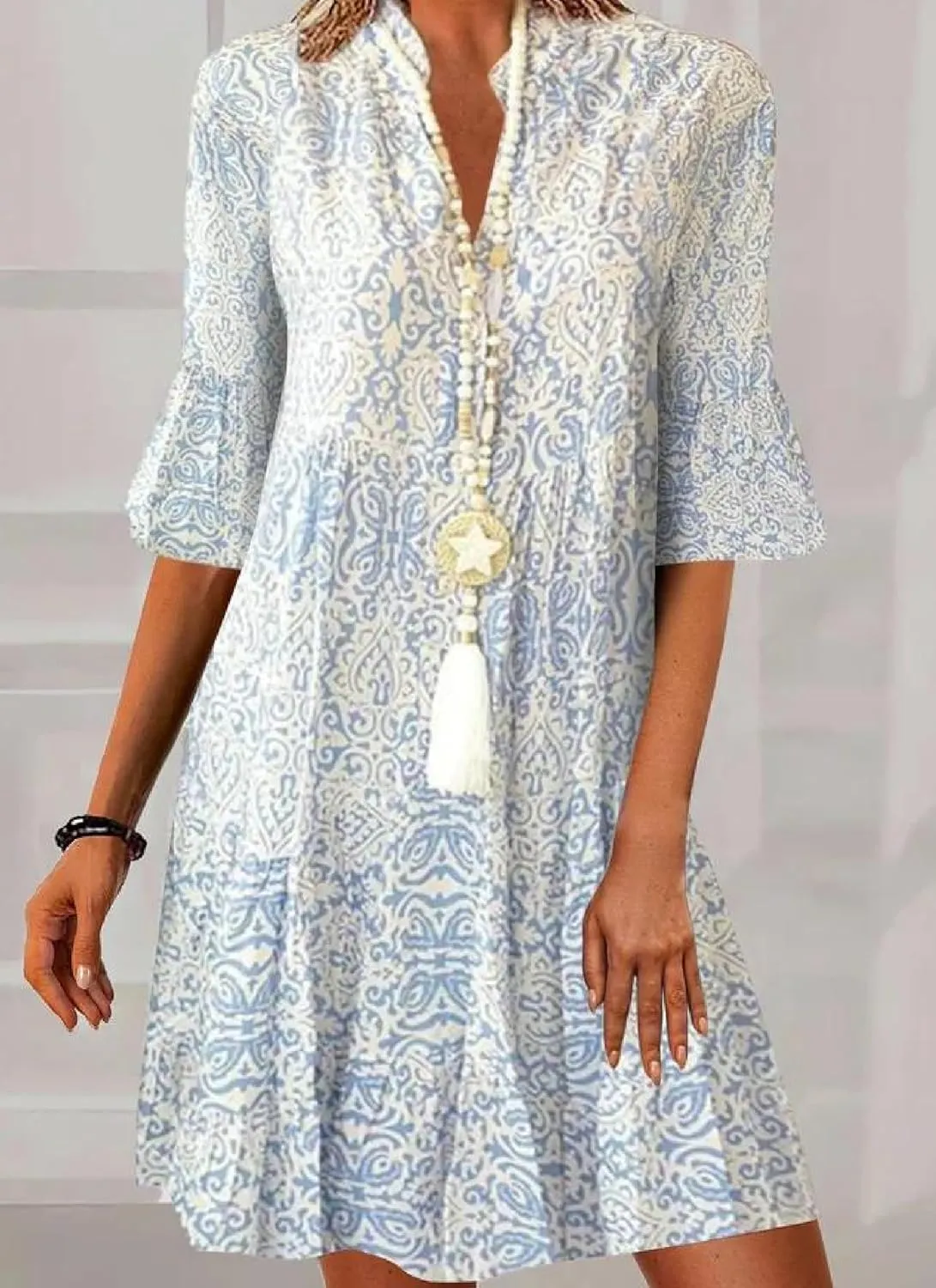 Womens Spring Summer Printed Button Down Dress Loose A-Line V Neck Half Bell Sleeve Casual Mini Dresses