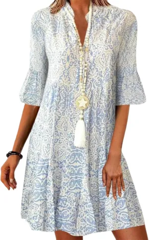 Womens Spring Summer Printed Button Down Dress Loose A-Line V Neck Half Bell Sleeve Casual Mini Dresses