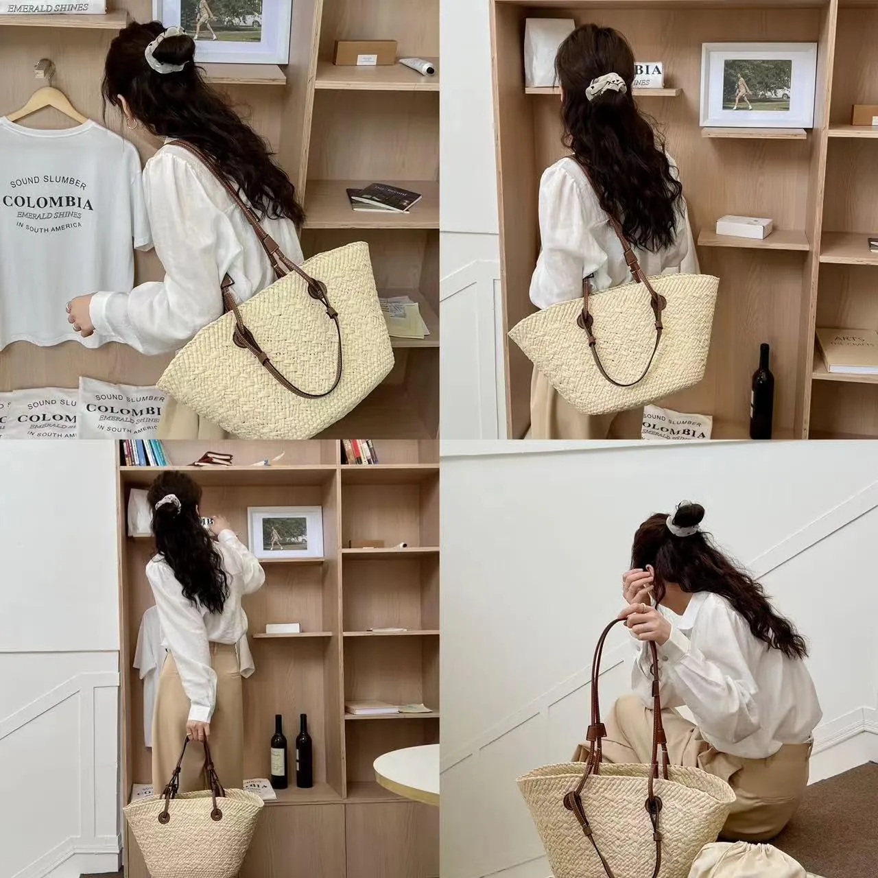 Women's Straw Beach Bag - Summer Straw Handbag, Woven Handbag, Fishing Net Beach Bag, Single Shoulder Crossbody Bag