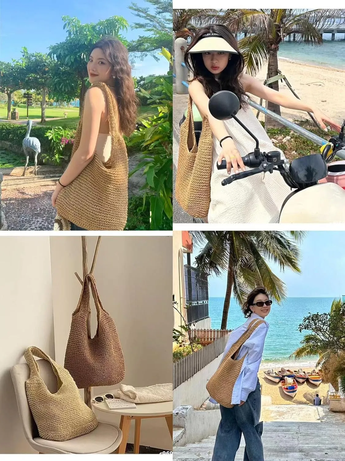 Women's Straw Beach Bag - Summer Straw Handbag, Woven Handbag, Fishing Net Beach Bag, Single Shoulder Crossbody Bag