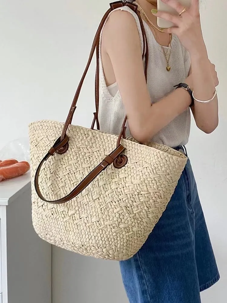 Women's Straw Beach Bag - Summer Straw Handbag, Woven Handbag, Fishing Net Beach Bag, Single Shoulder Crossbody Bag