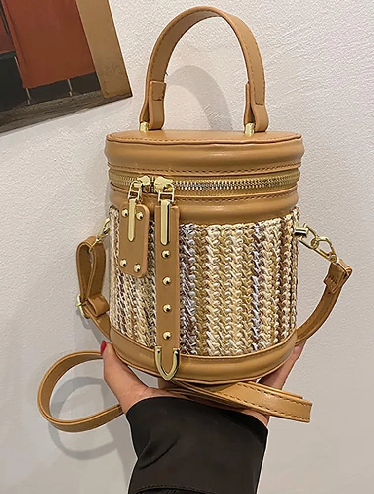 Women’s Straw Beach Handbag Cylinder Bucket Bag PU Leather Summer Shoulder Crossbody Bag Cute Clutch Tote Purse 2025
