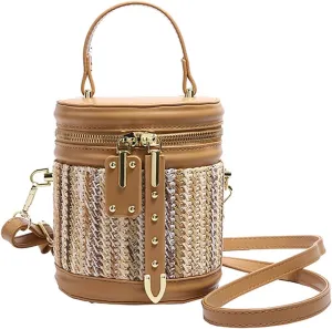 Women’s Straw Beach Handbag Cylinder Bucket Bag PU Leather Summer Shoulder Crossbody Bag Cute Clutch Tote Purse 2025