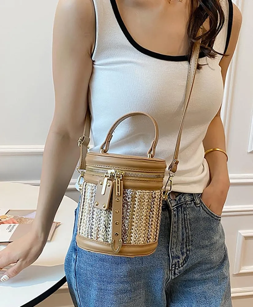Women’s Straw Beach Handbag Cylinder Bucket Bag PU Leather Summer Shoulder Crossbody Bag Cute Clutch Tote Purse 2025