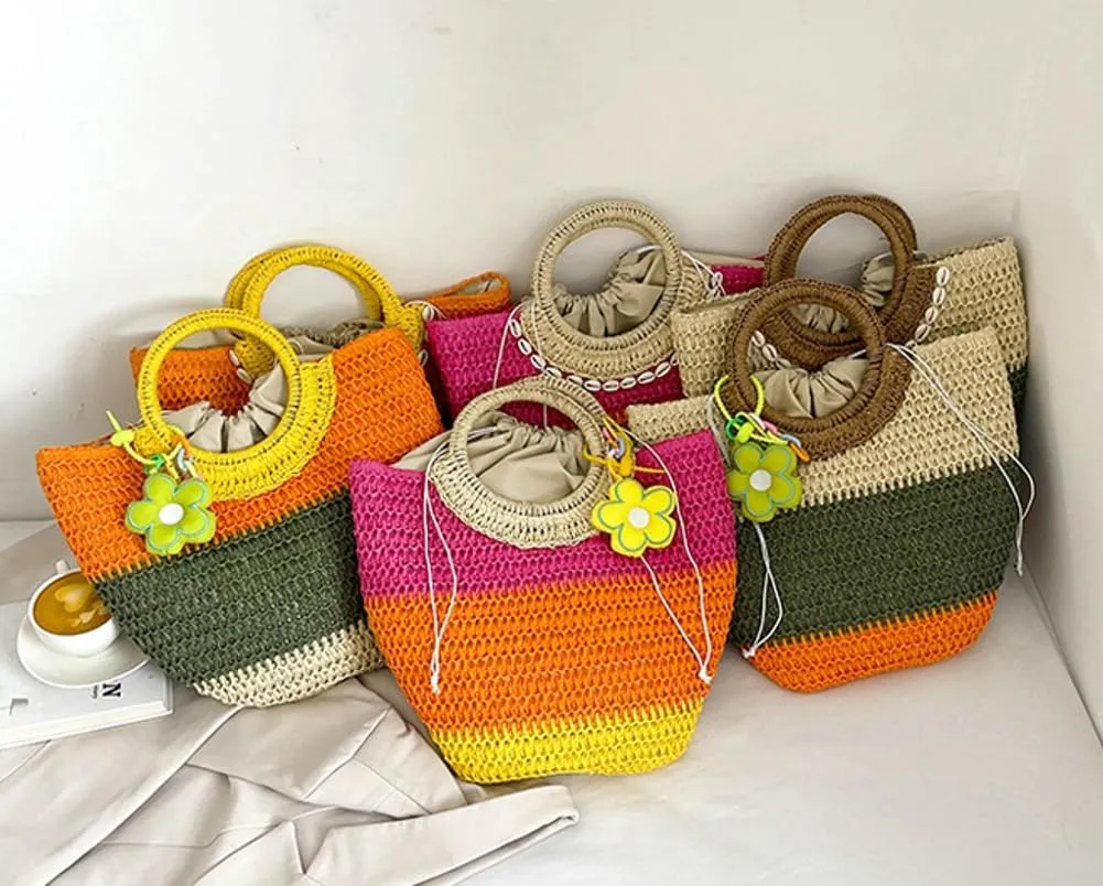 Womens Straw Handbags Casual Totes Rattan Woven Purse Summer Beach Shoulder Bag Colorful Satchel Vacation