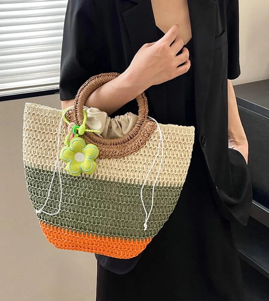Womens Straw Handbags Casual Totes Rattan Woven Purse Summer Beach Shoulder Bag Colorful Satchel Vacation